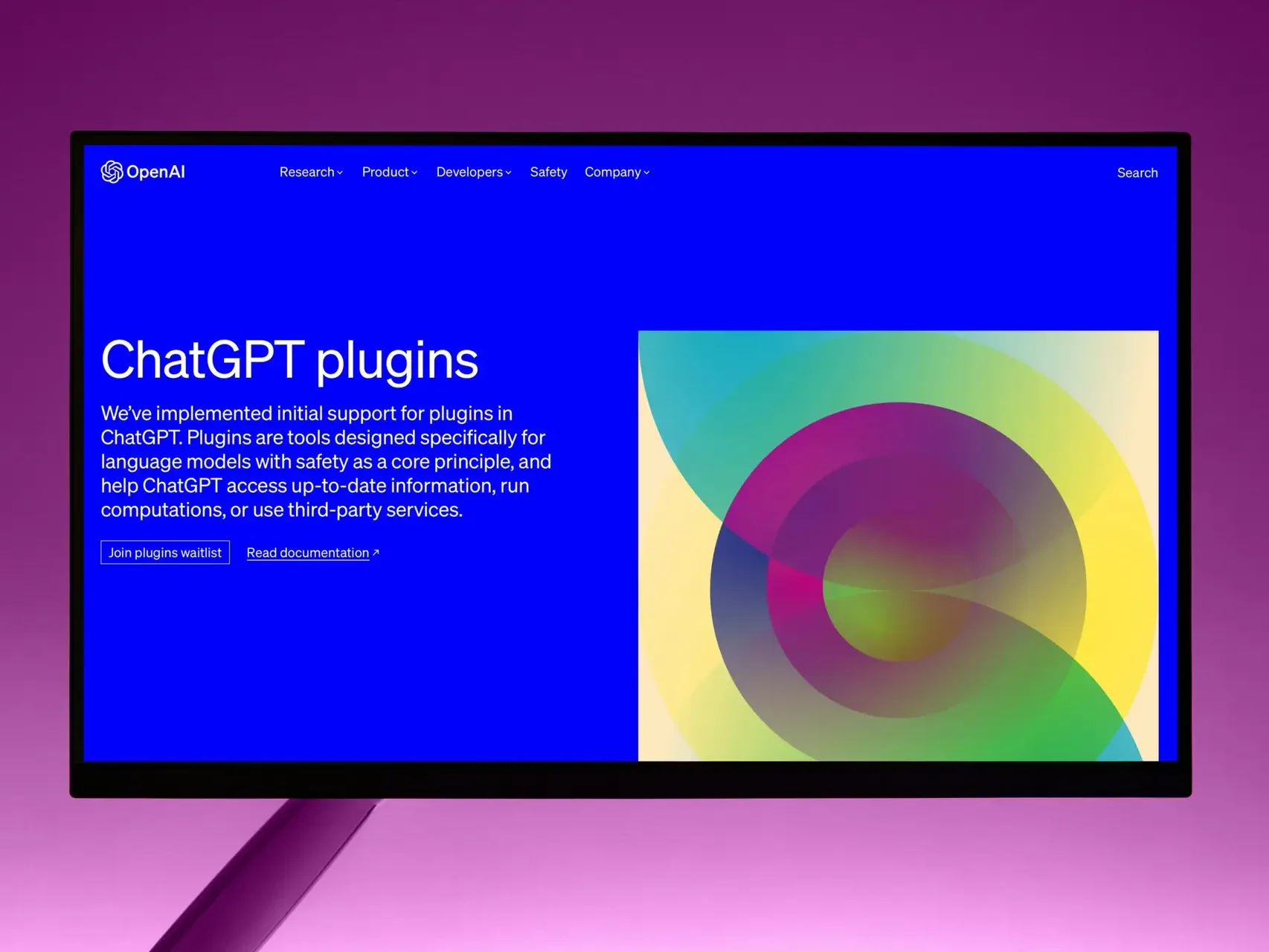 A contemporary screen displaying the ChatGPT plugins interface by OpenAI, highlighting AI technology advancements.